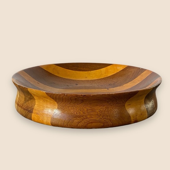 Vintage Handmade Hand Turned Wooden Bowl Pieced Striped Wood 8.75” - Picture 5 of 9